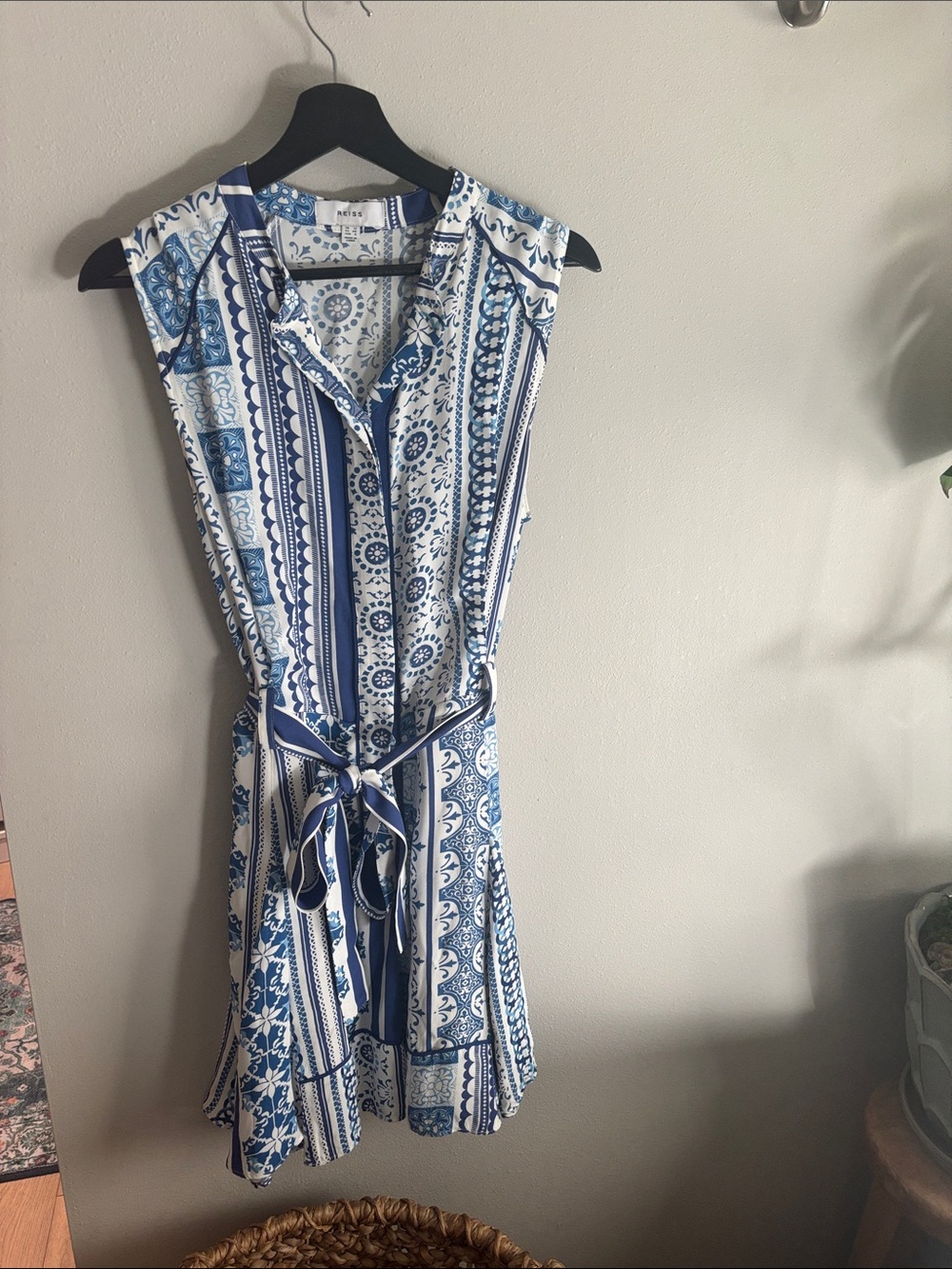 Reiss Blue & White Sleeveless Printed Tie-Waist Mini Dress
